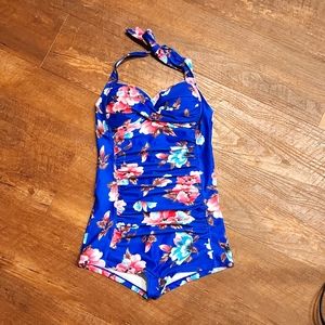 Cocoship Blue and Pink Floral One Piece Swimsuit
